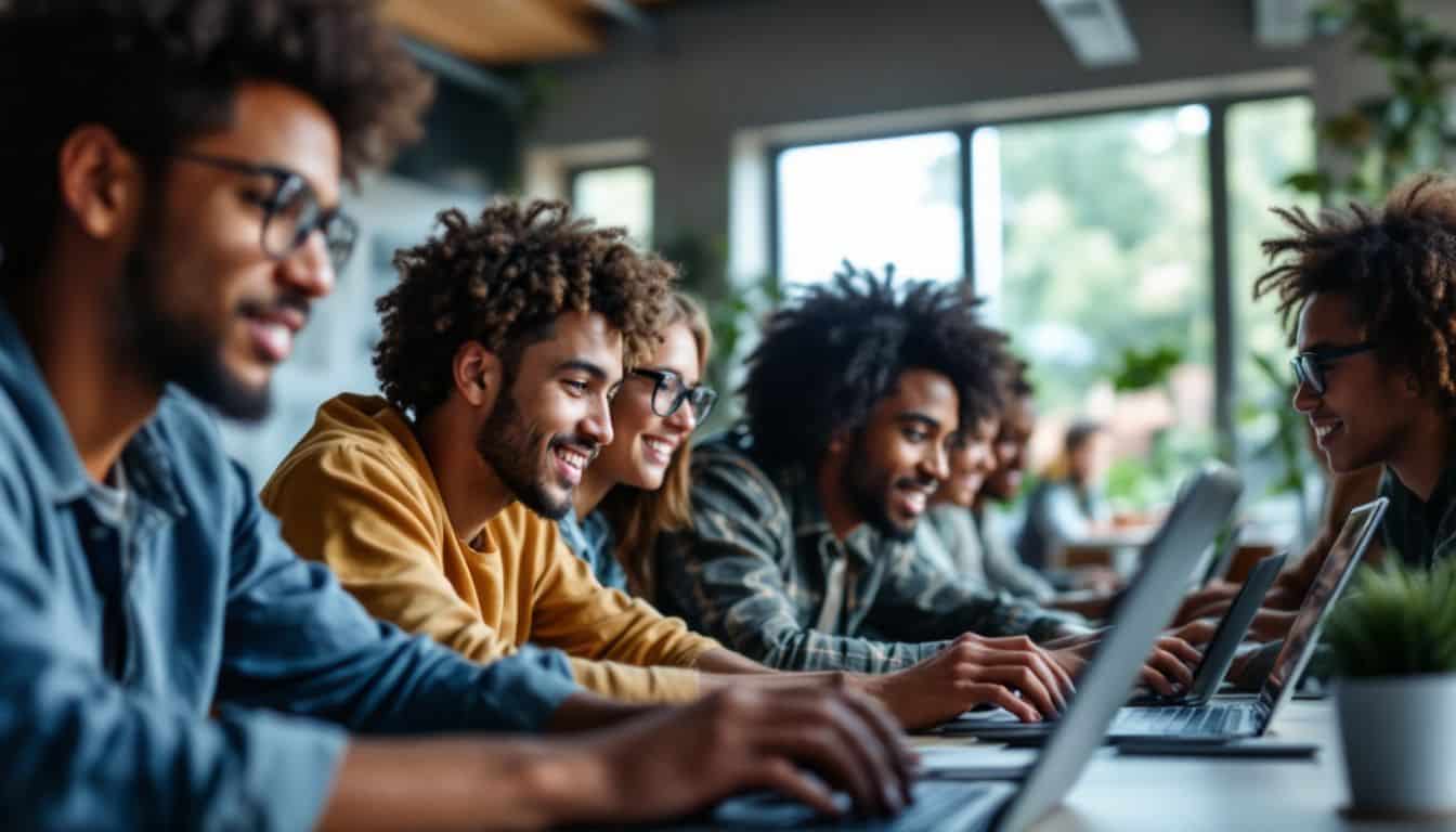 A group of diverse young adults coding together in a tournament. A group of diverse young adults coding together in a tournament.