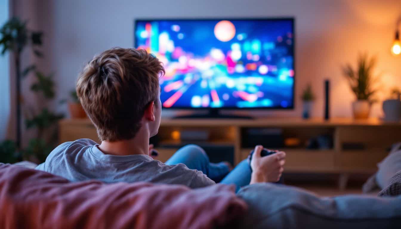 A young adult plays video game on couch in cozy room. A young adult plays video game on couch in cozy room.