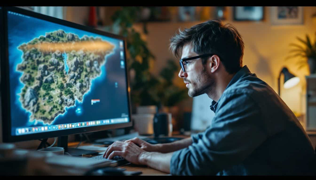A person intensely focused on playing a video game at a cluttered desk. A person intensely focused on playing a video game at a cluttered desk.