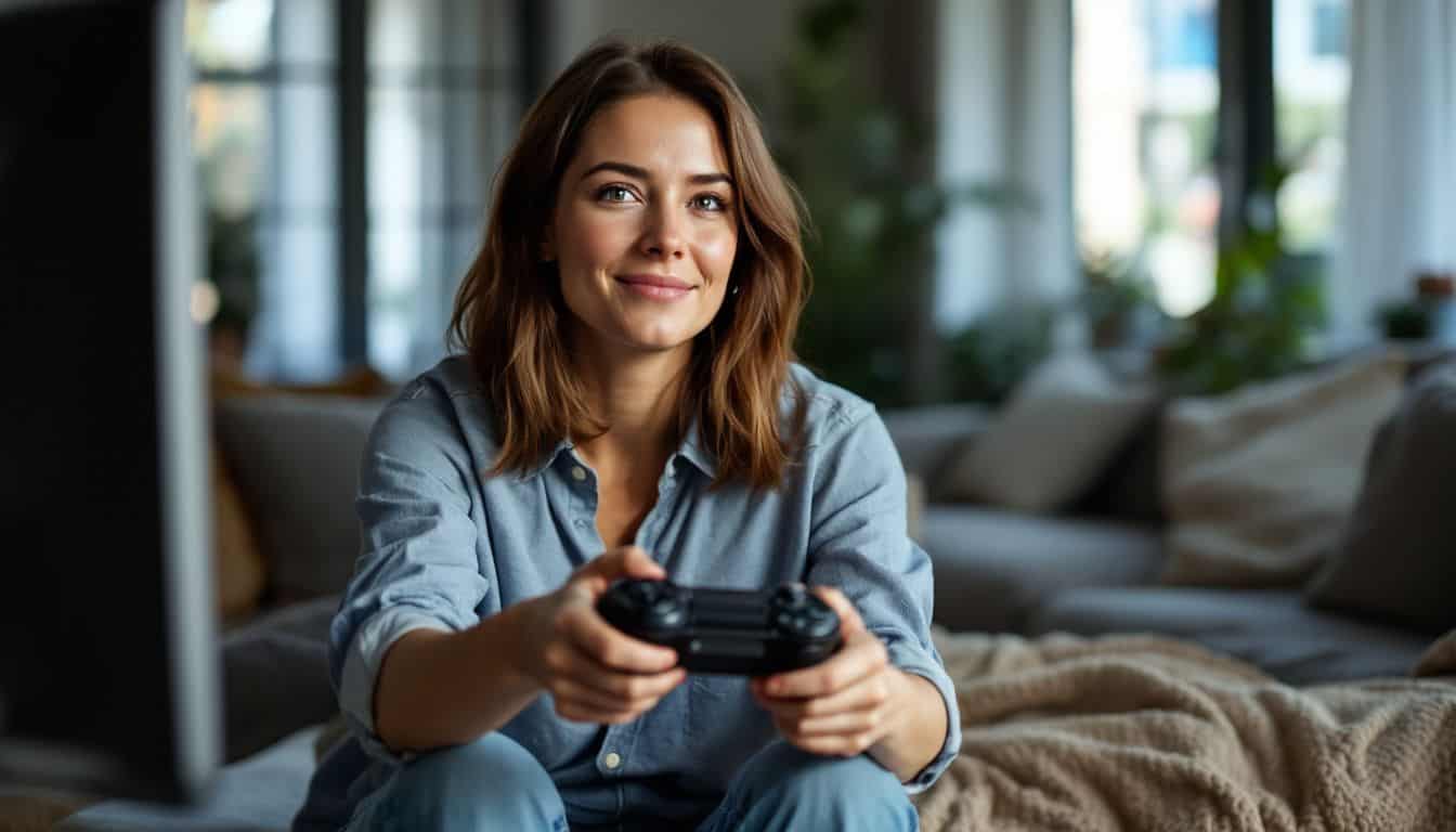 A woman in her 30s enjoys playing action-adventure video games in her cozy living room. A woman in her 30s enjoys playing action-adventure video games in her cozy living room.