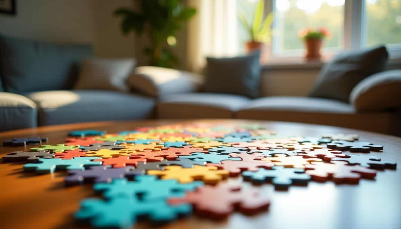 A colorful mosaic puzzle on a tabletop in a cozy living room. A colorful mosaic puzzle on a tabletop in a cozy living room.