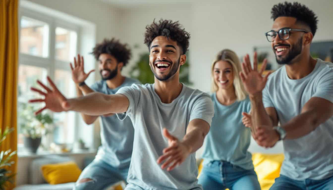 A diverse group of young adults engaged in a fitness game. A diverse group of young adults engaged in a fitness game.