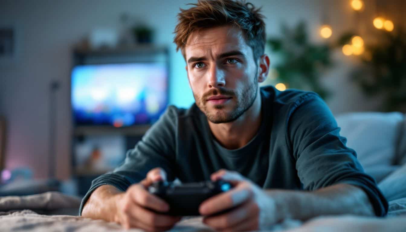 A man in his thirties is intensely focused on playing a video game. A man in his thirties is intensely focused on playing a video game.