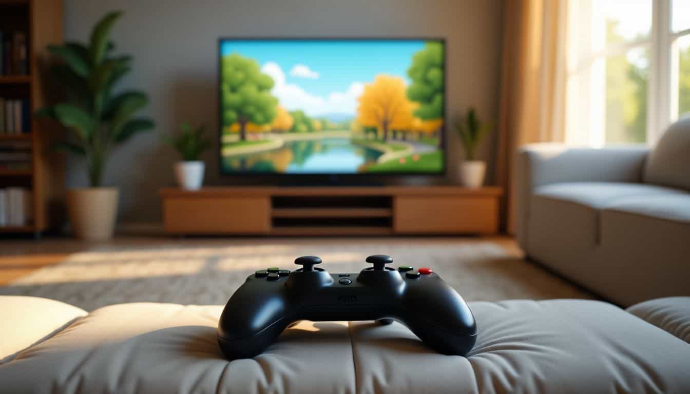 A cozy living room with a game controller on the couch and a peaceful puzzle game on the TV screen. A cozy living room with a game controller on the couch and a peaceful puzzle game on the TV screen.