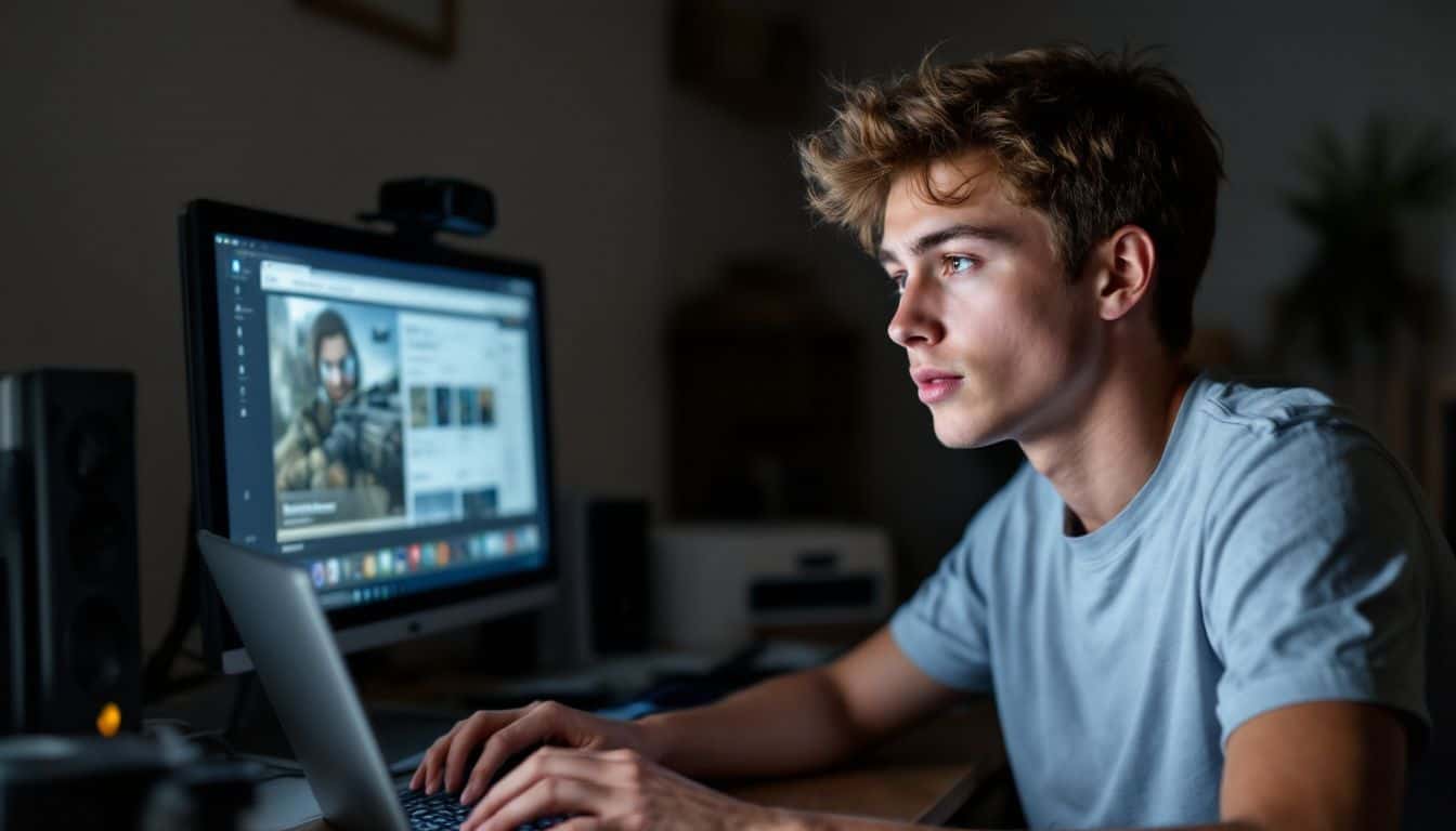 A young man watching a CS2 Twitch stream at his cluttered desk. A young man watching a CS2 Twitch stream at his cluttered desk.