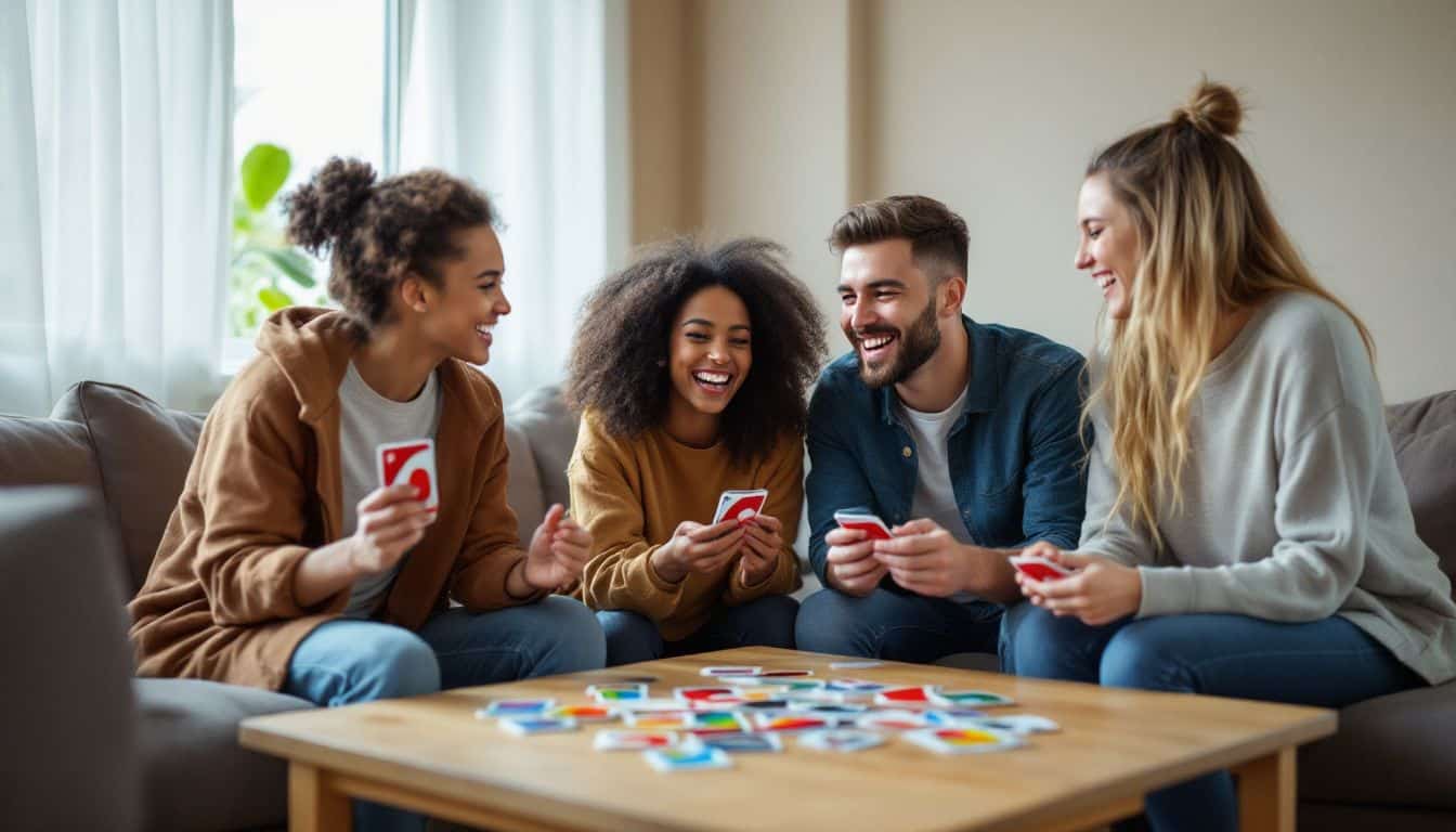 Four friends in their twenties playing a game of Spicy Uno. Four friends in their twenties playing a game of Spicy Uno.