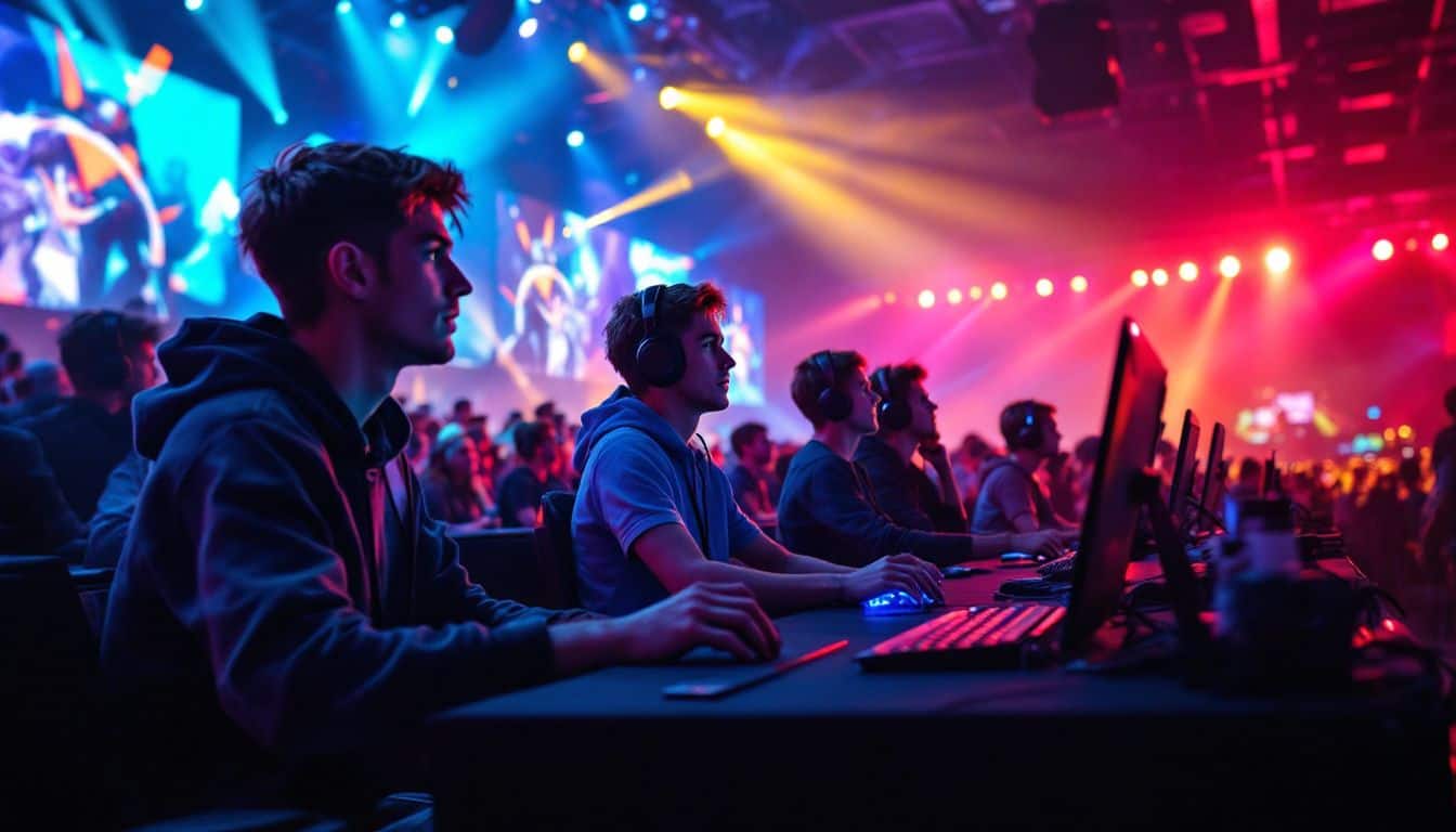 A lively esports tournament with young gamers competing on stage. A lively esports tournament with young gamers competing on stage.