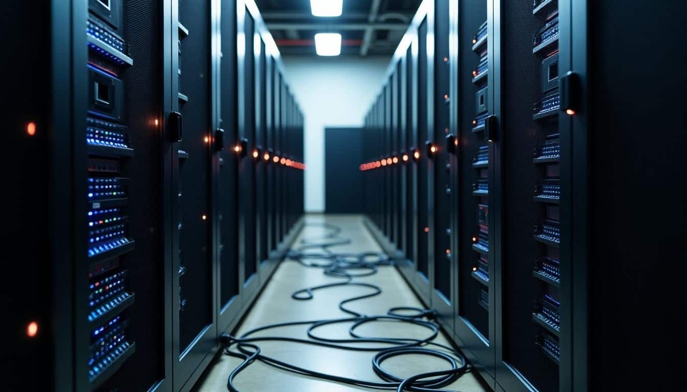 A server room with connected computer servers and tangled cables. A server room with connected computer servers and tangled cables.