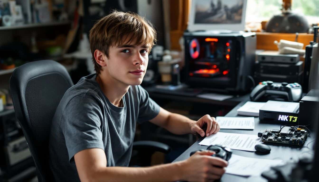 A teenager is sitting in a gaming-focused, cluttered bedroom with consoles. A teenager is sitting in a gaming-focused, cluttered bedroom with consoles.