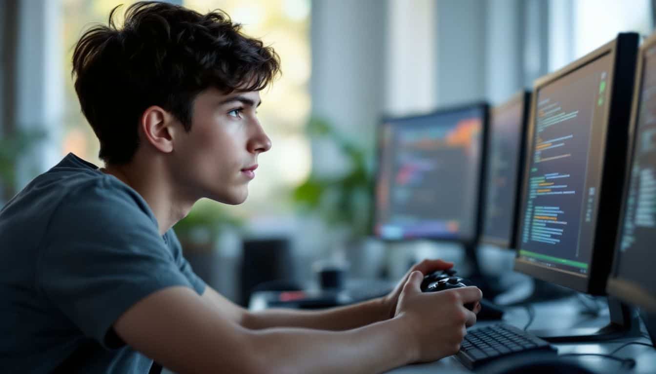 A teenager is focused on a gaming console in a room. A teenager is focused on a gaming console in a room.