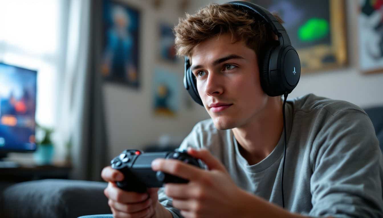 A young man plays video game with gaming headset and controller. A young man plays video game with gaming headset and controller.