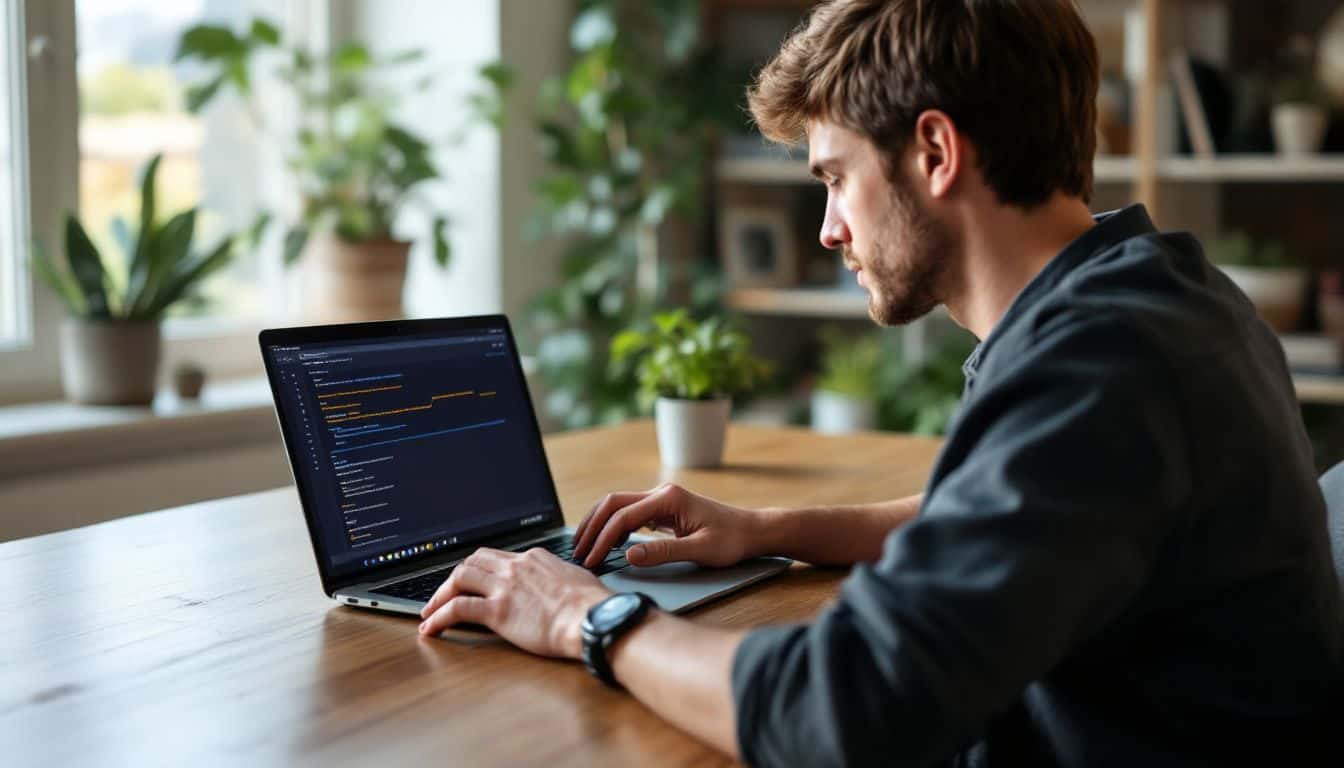 A person working on a laptop comparing transaction speeds and fees.