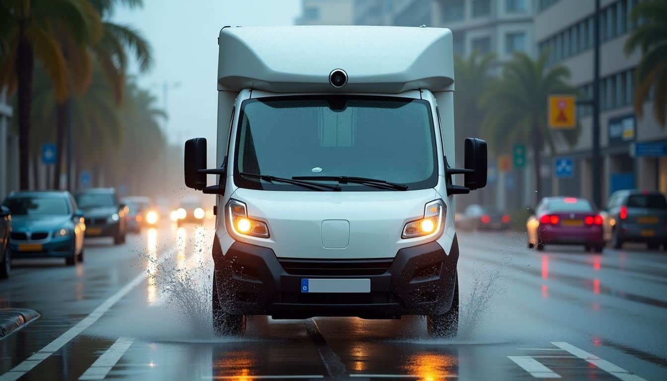 A self-driving delivery truck struggles to navigate heavy rain.