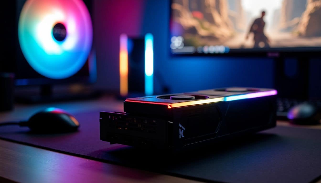 A custom gaming PC with high-performance graphics card and RGB lighting.