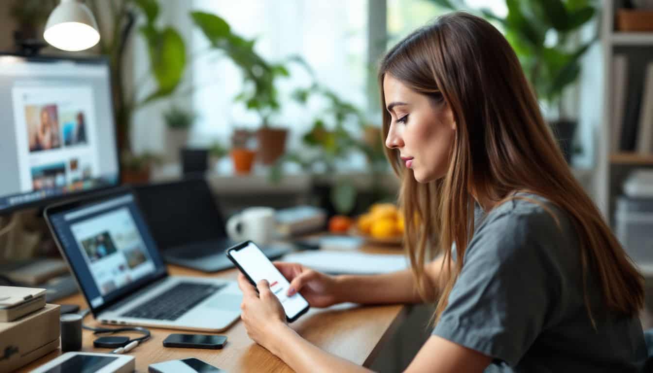 A woman is sitting at a cluttered desk, downloading a video. A woman is sitting at a cluttered desk, downloading a video.