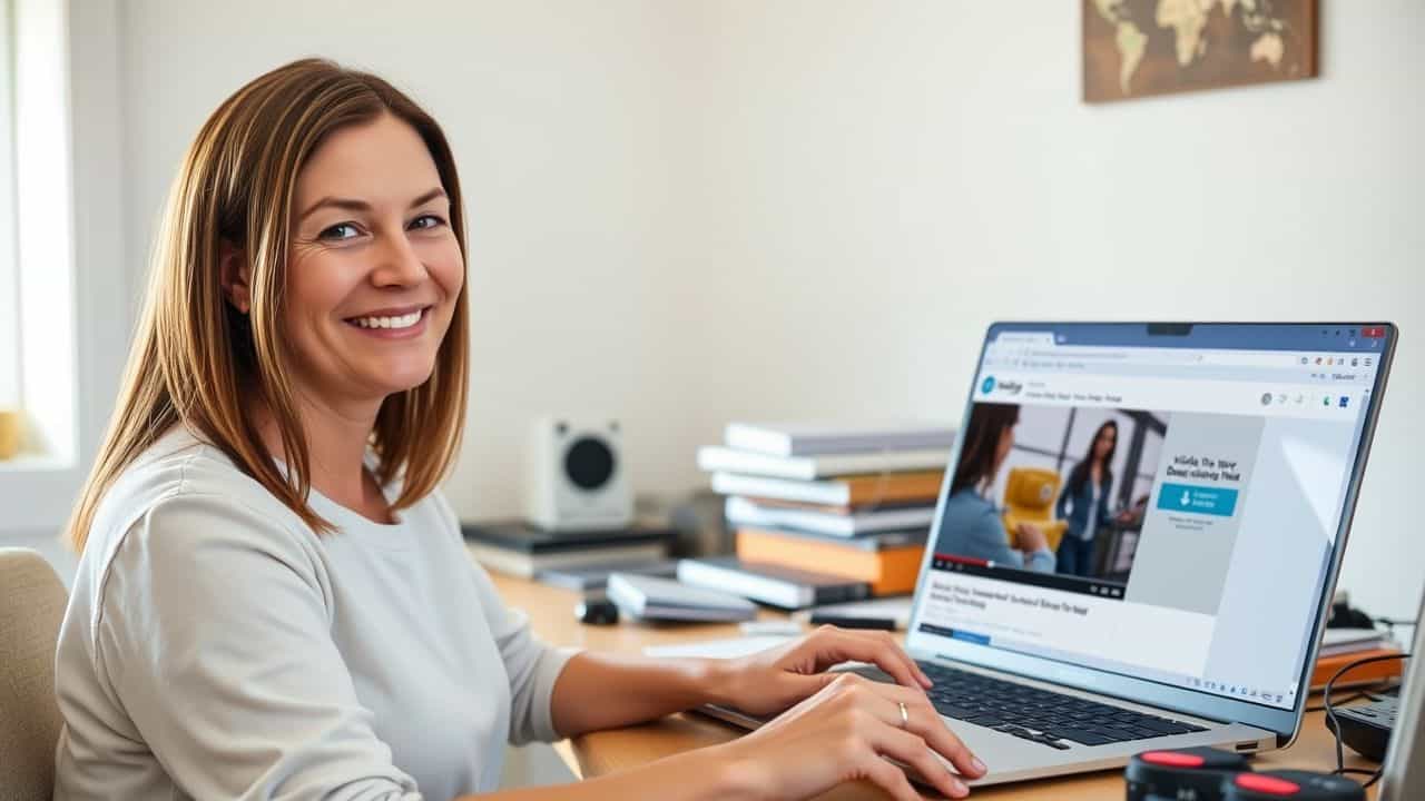 A woman in her 30s sitting at a desk using a video downloader browser extension. A woman in her 30s sitting at a desk using a video downloader browser extension.