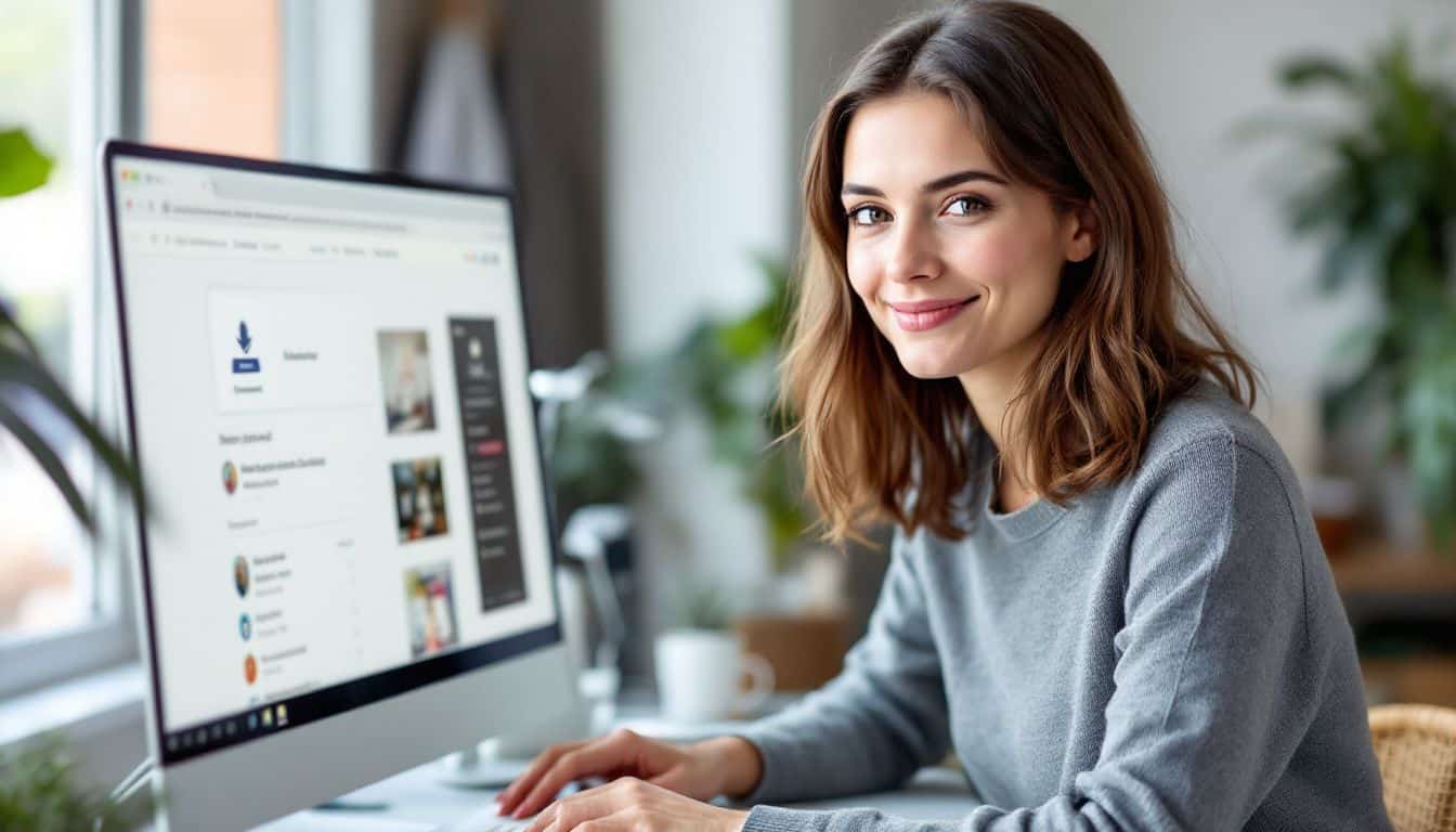 A woman in her thirties sits at a computer desk downloading content from a website. A woman in her thirties sits at a computer desk downloading content from a website.