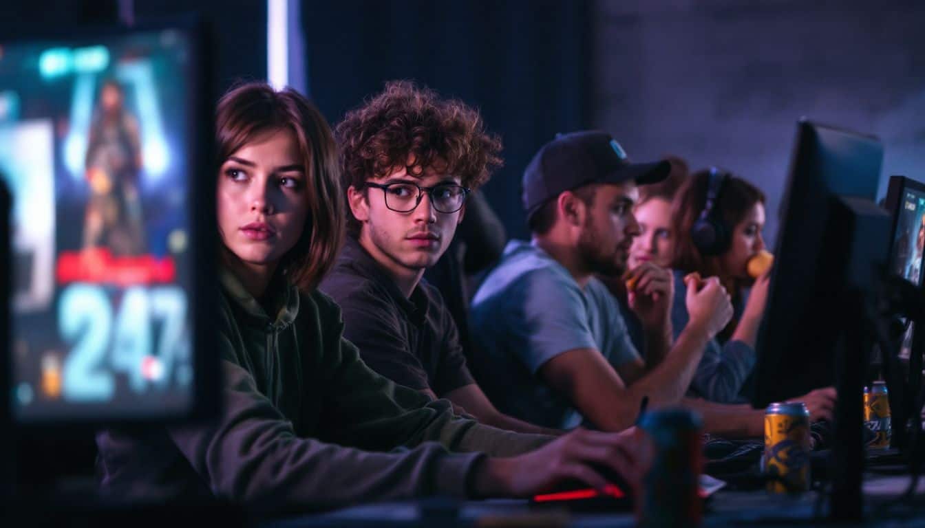 A group of five intense gamers compete in a first-person shooter tournament. A group of five intense gamers compete in a first-person shooter tournament.