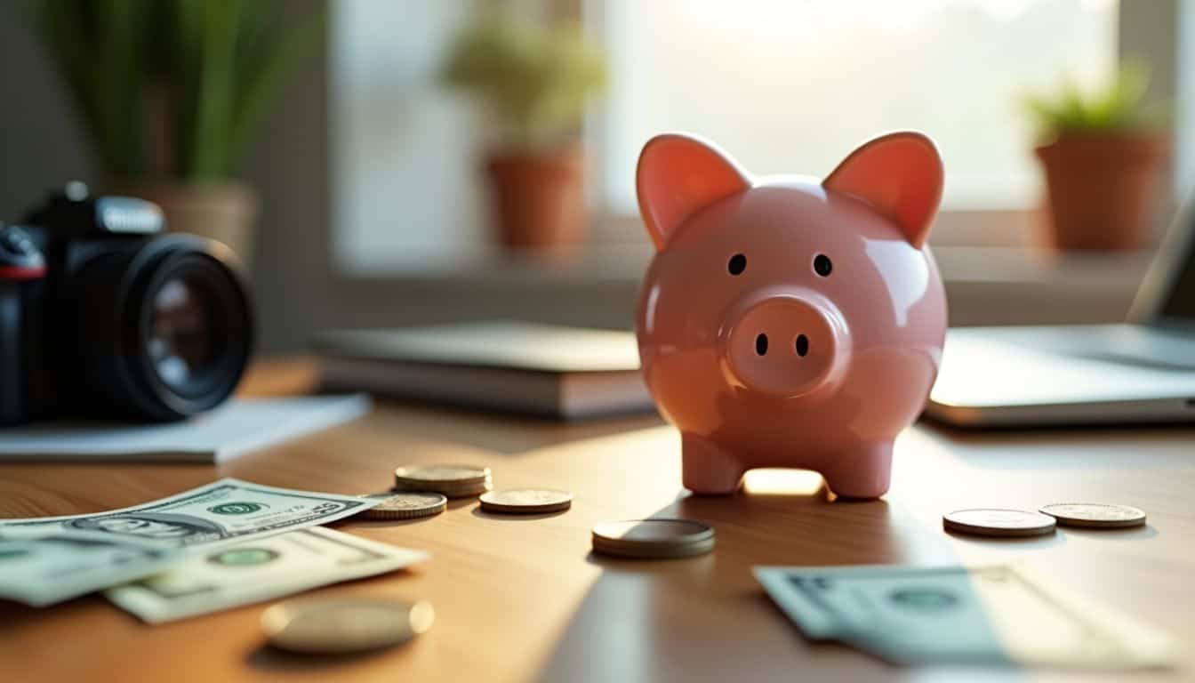 A piggy bank with scattered coins and bills on a desk.