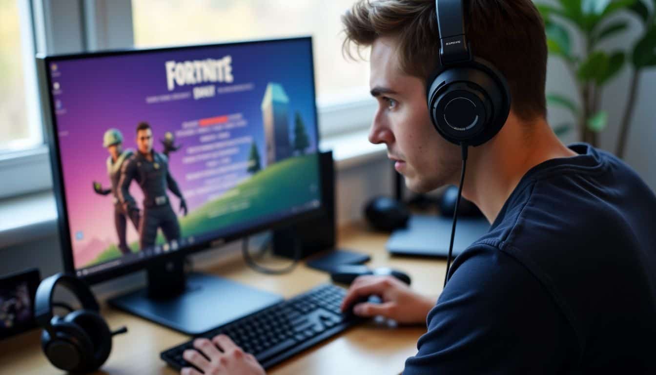 A cluttered gaming setup with a computer displaying Fortnite's Daily Quest menu. A cluttered gaming setup with a computer displaying Fortnite's Daily Quest menu.