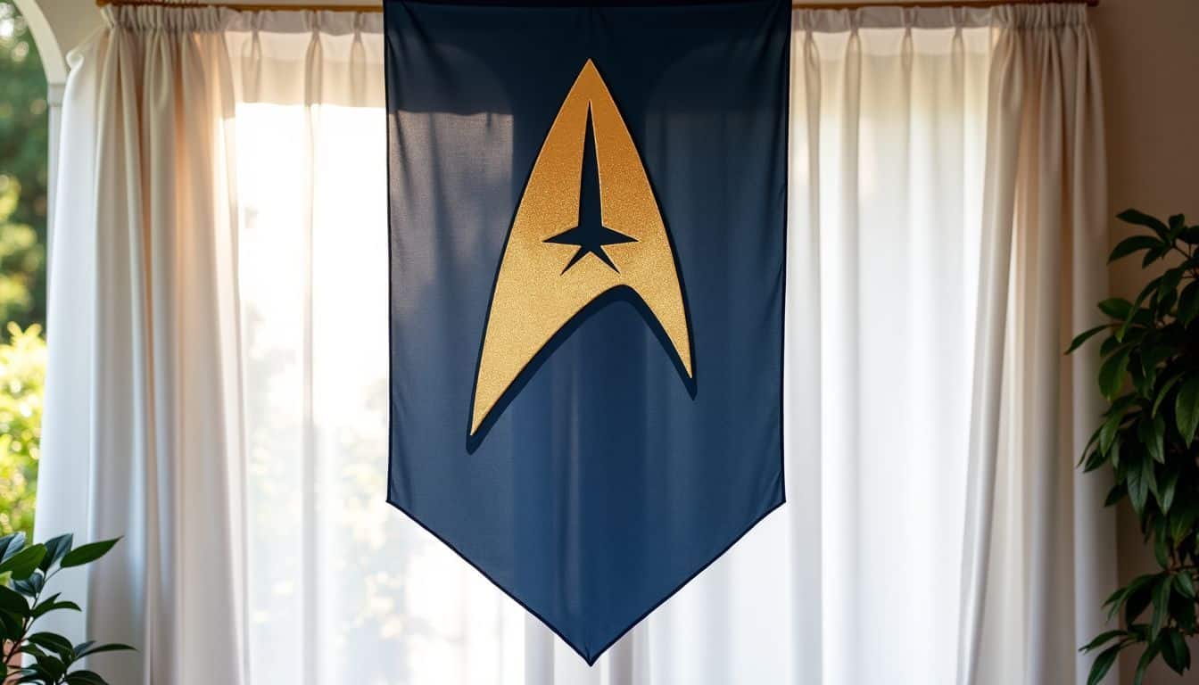 A large Starfleet banner with Delta Shield insignias in a wedding venue.