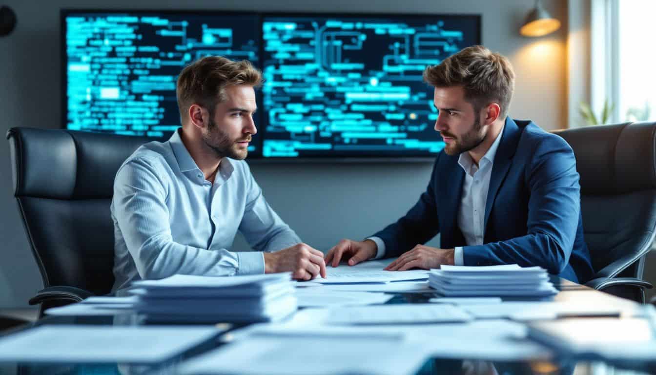 A lawyer reviewing data protection and privacy laws in a conference room.