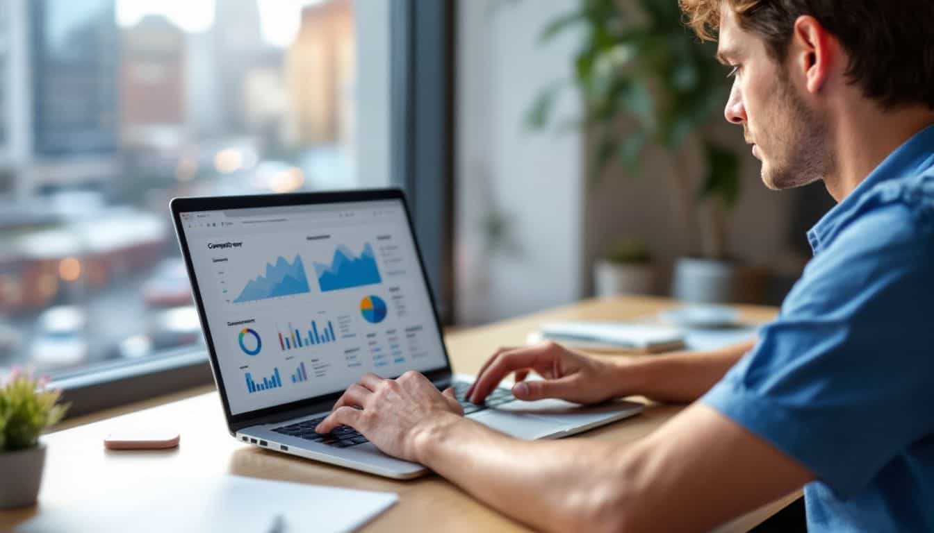 A person analyzing competitor reports on a laptop in a city setting.