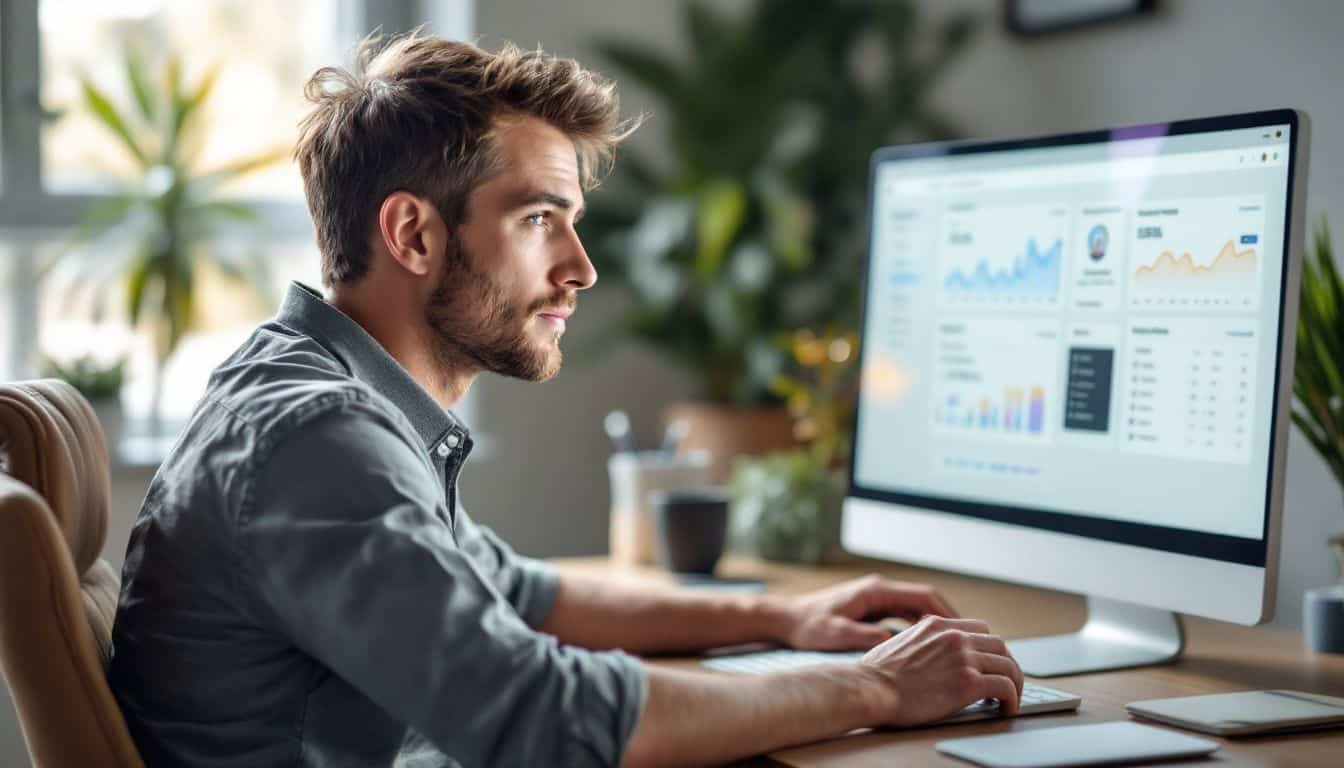 A man in his 30s is using a competitor analysis tool on a computer.