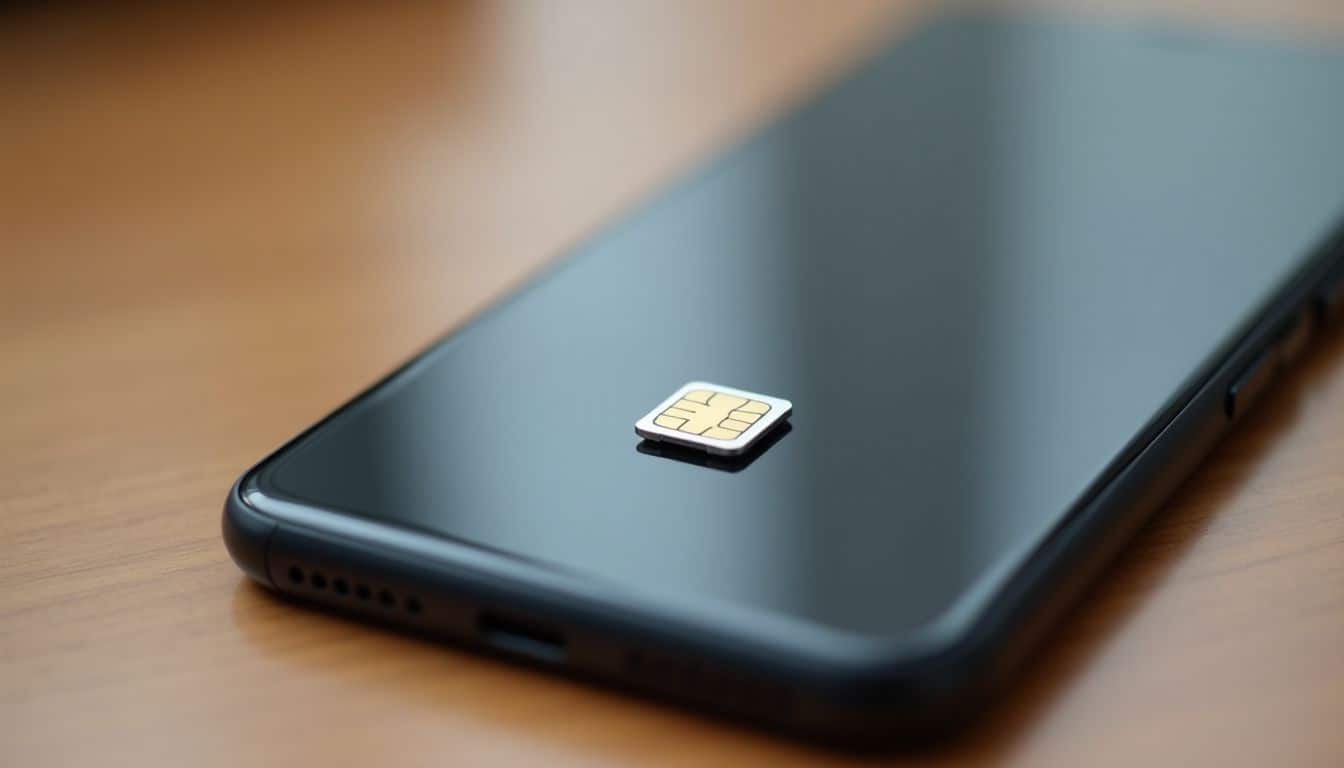 A modern smartphone with eSIM technology on a wooden desk.