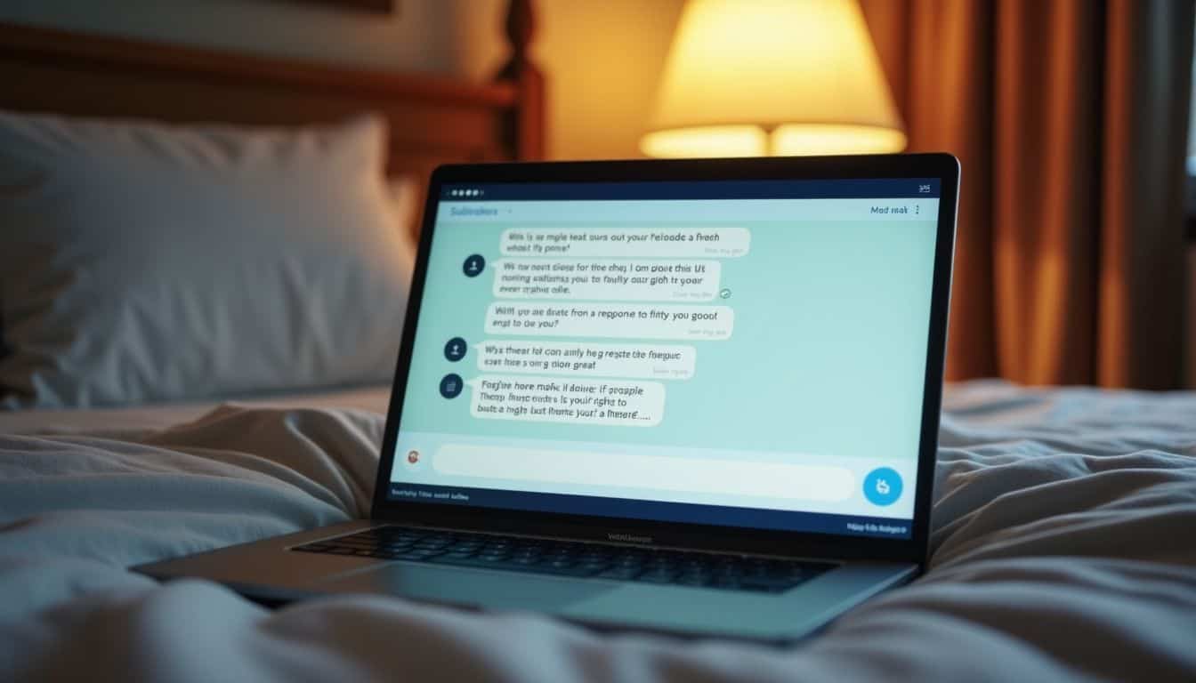 An AI-powered chat window on a laptop displays flirty messages. An AI-powered chat window on a laptop displays flirty messages.