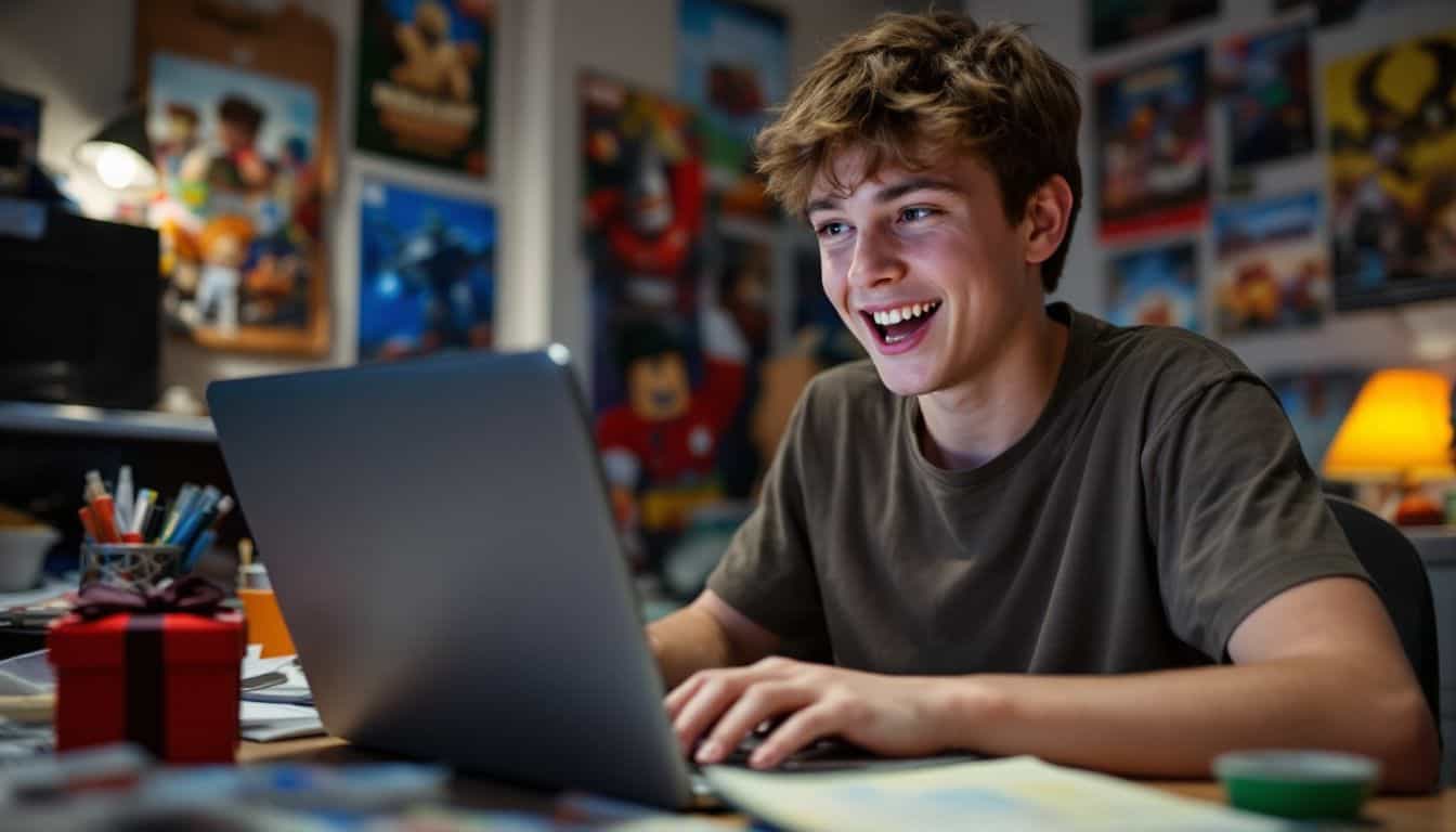 A teenage boy excitedly redeems a Roblox gift card at his desk. A teenage boy excitedly redeems a Roblox gift card at his desk.