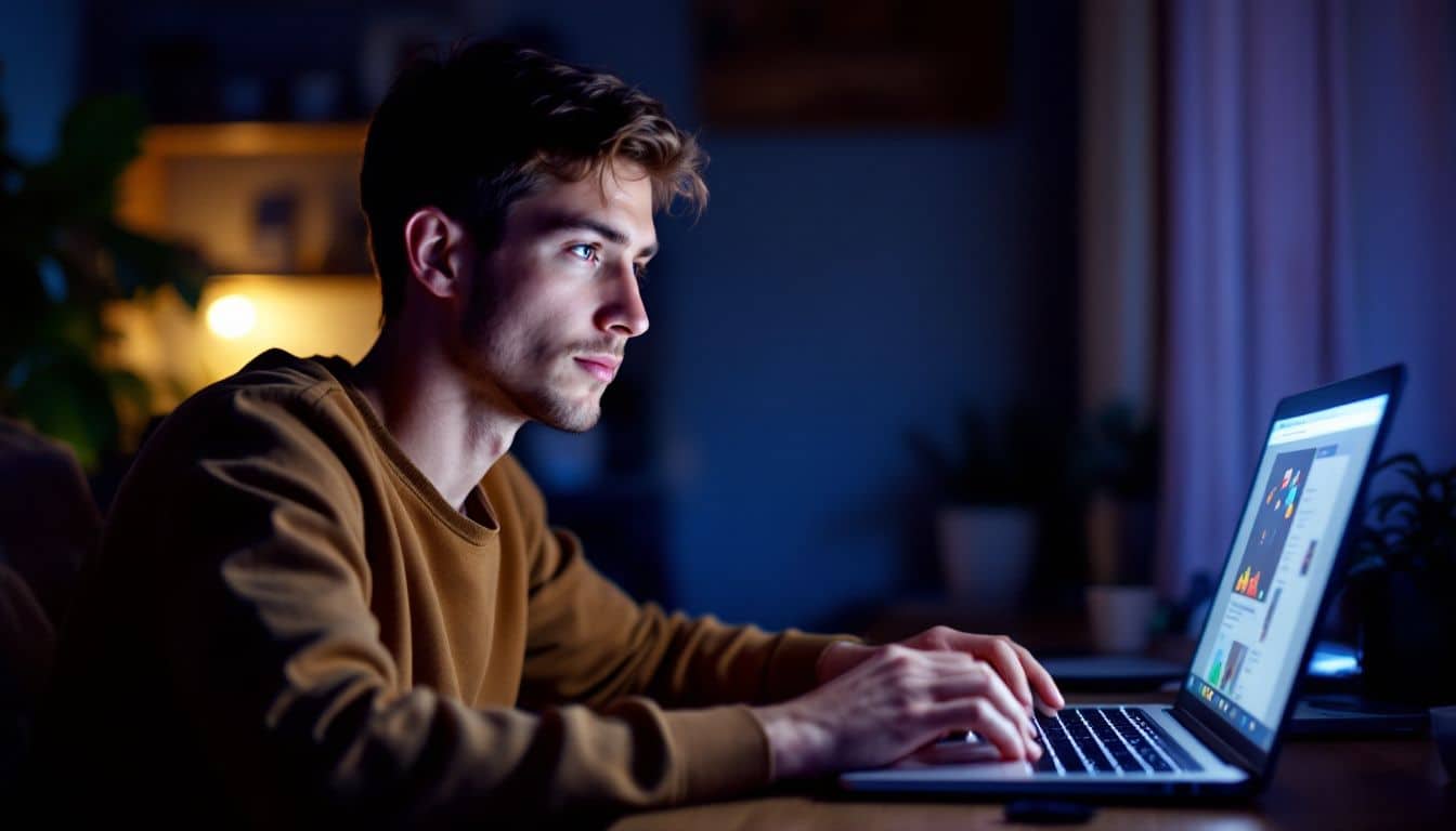 A man in his late 20s playing a browser-based Flash game on his laptop.