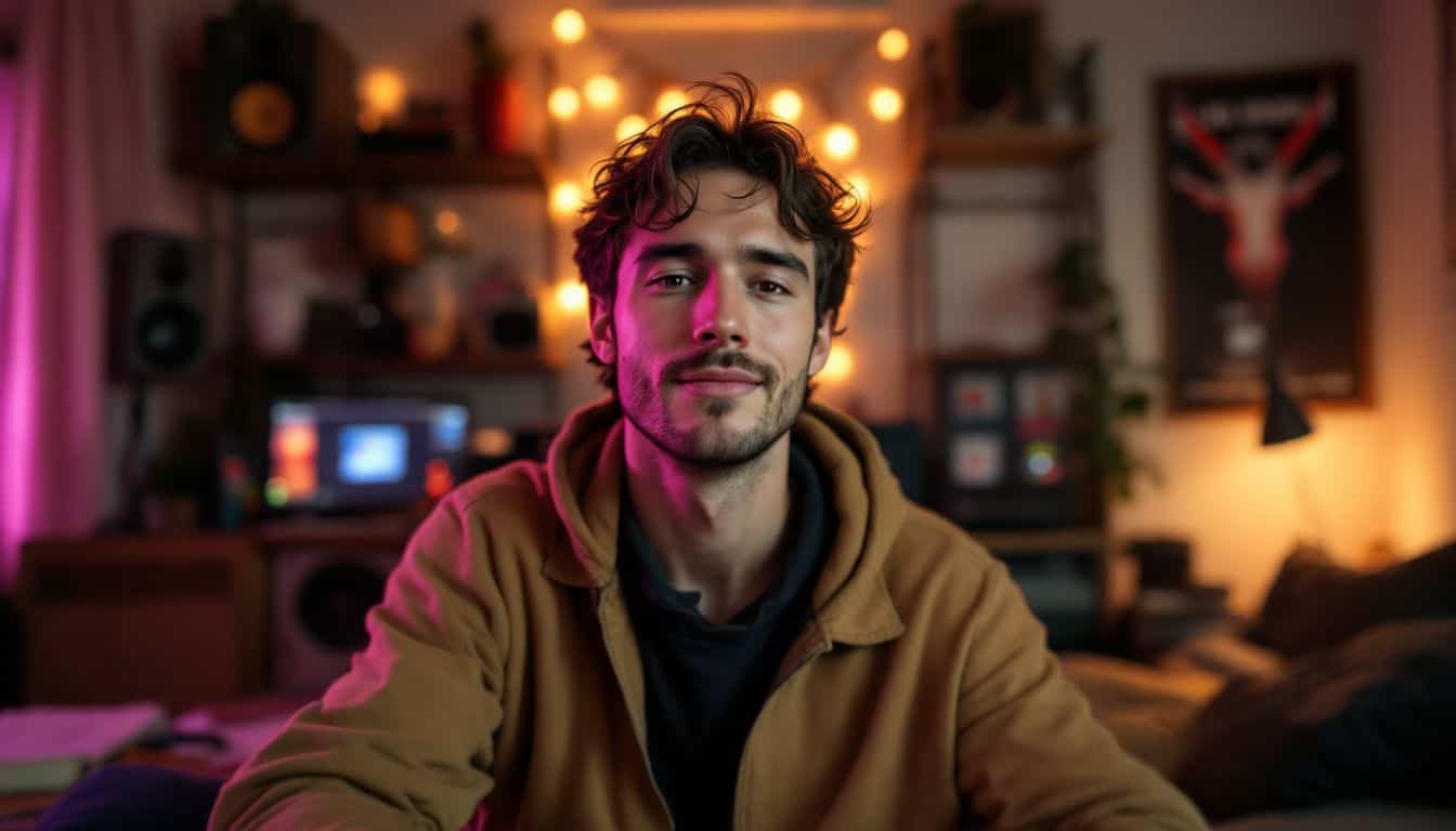 A young musician using Instagram Stories in a cozy home studio. A young musician using Instagram Stories in a cozy home studio.