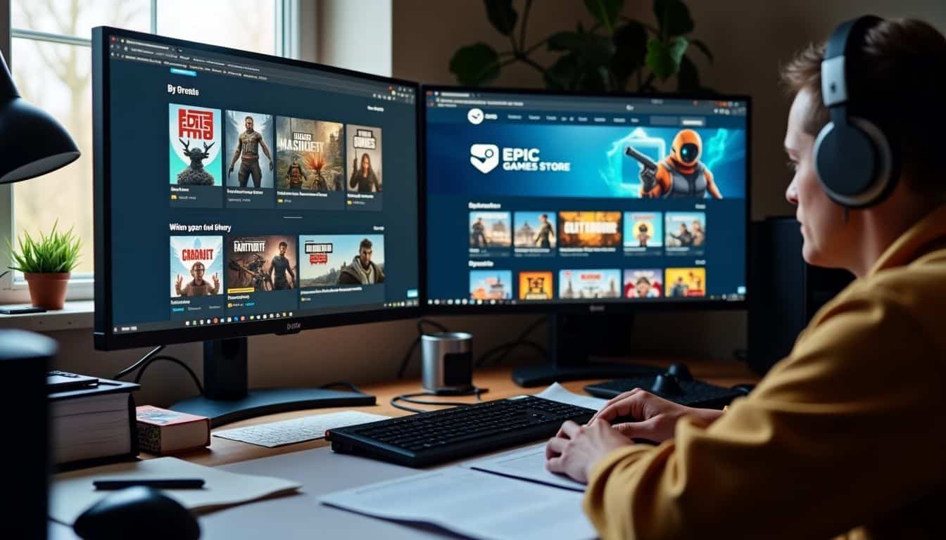 A cluttered desk with multiple screens showing game deals from Steam and Epic Games Store. A cluttered desk with multiple screens showing game deals from Steam and Epic Games Store.