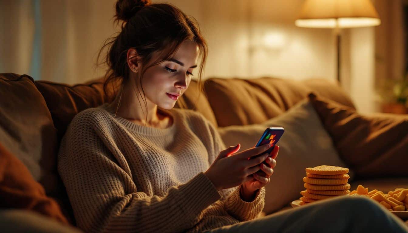 A woman in her late 20s is playing a puzzle game on her smartphone at home.
