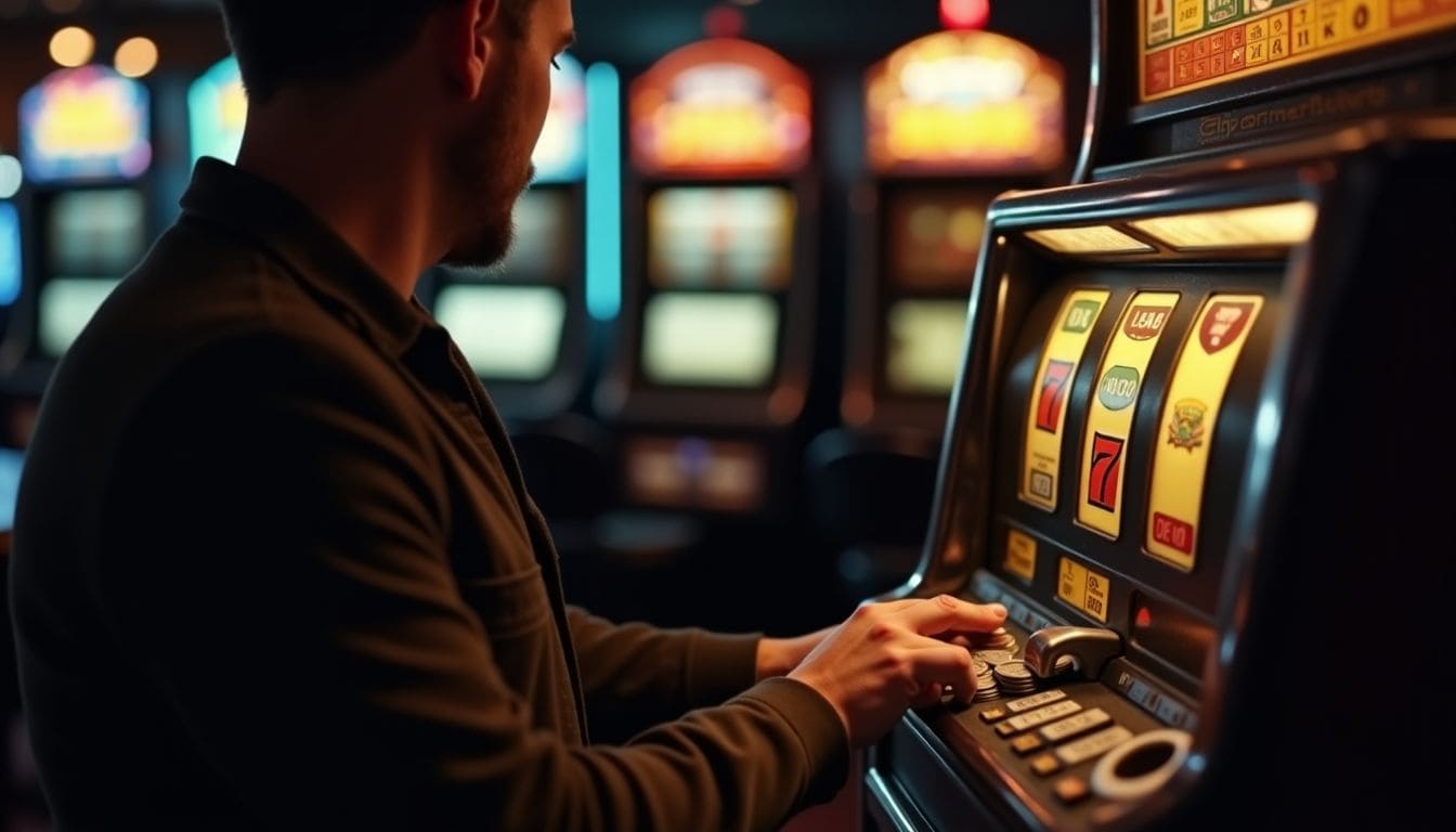 A person is inserting fake coins into an old slot machine.