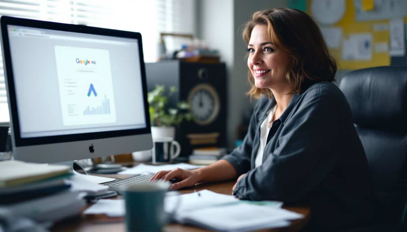 A woman working at a cluttered desk with Google Ads interface.