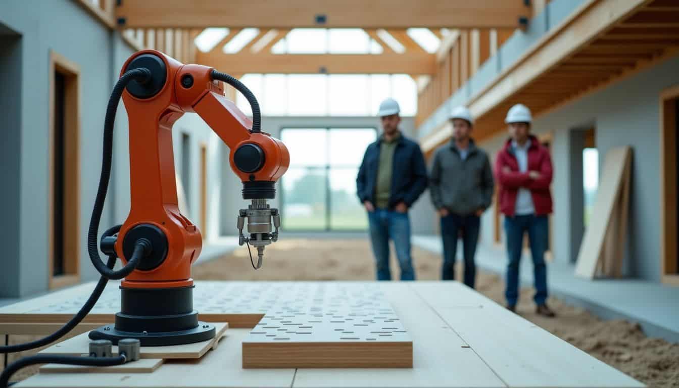 A futuristic construction site utilizes robotic arms and AI for sustainable home building. A futuristic construction site utilizes robotic arms and AI for sustainable home building.