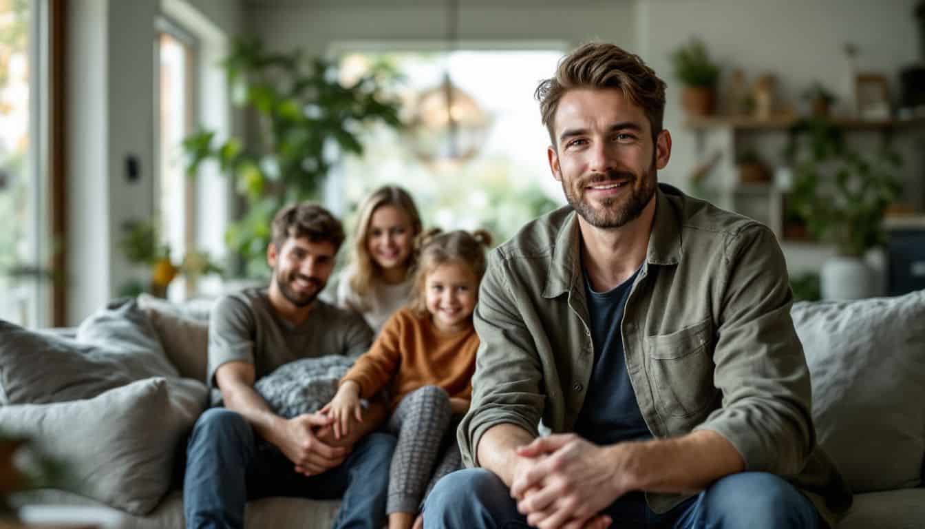 A family in a 3D-printed eco-friendly home, in casual comfort. A family in a 3D-printed eco-friendly home, in casual comfort.