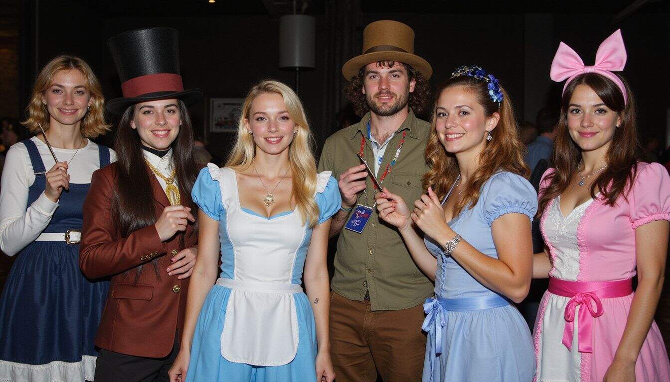 A group of cosplayers in Alice in Wonderland costumes, holding props at a convention. A group of cosplayers in Alice in Wonderland costumes, holding props at a convention.