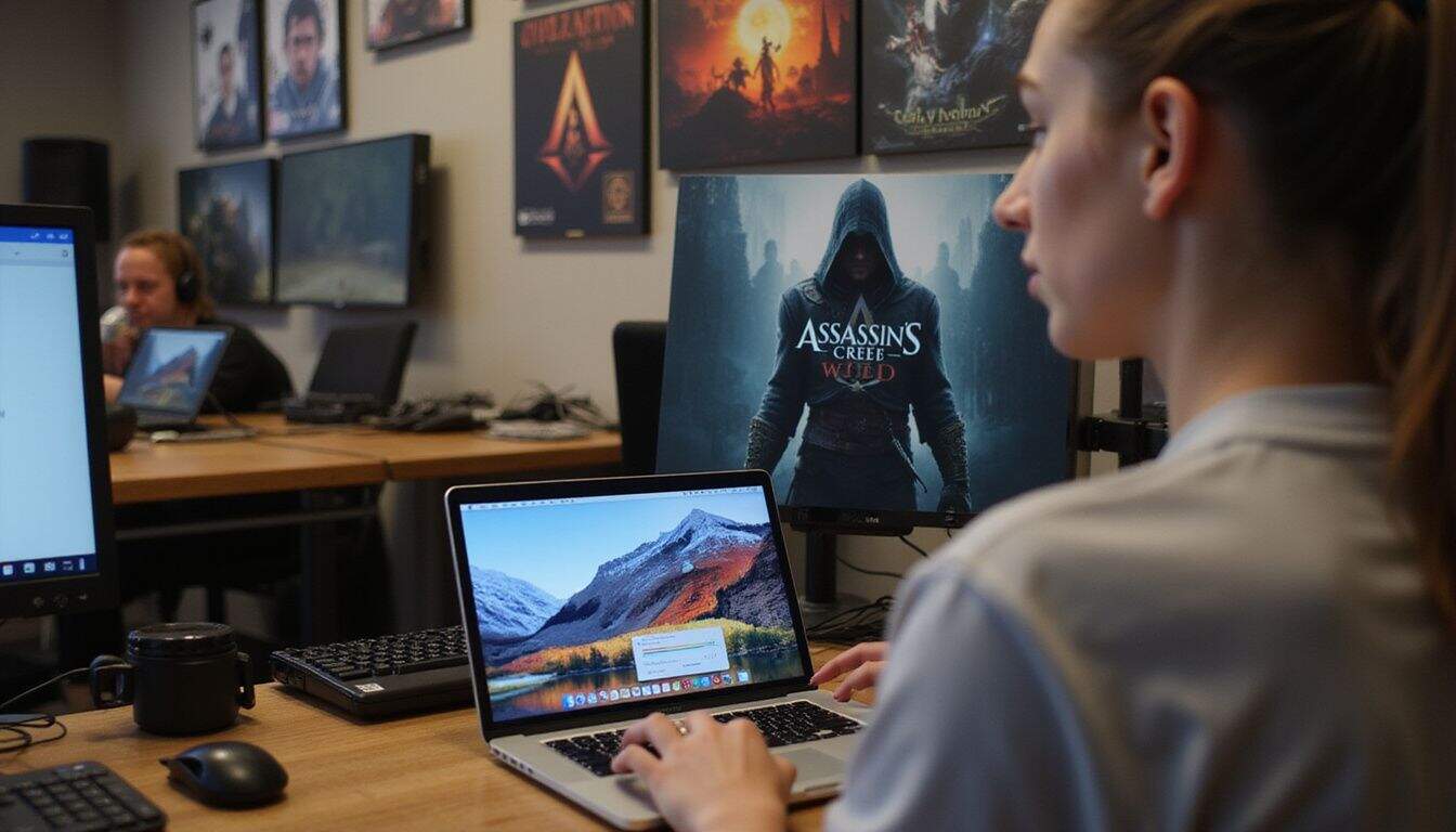 A person using a MacBook Pro in a gaming café, testing Game Mode setting. A person using a MacBook Pro in a gaming café, testing Game Mode setting.