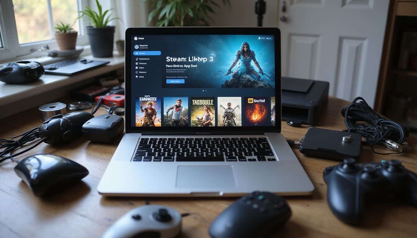 A cluttered desk featuring a MacBook Pro displaying gaming platforms and peripheral accessories.