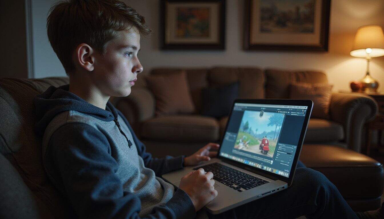 A teenage boy using a MacBook Pro with a gaming interface in a cozy living room. A teenage boy using a MacBook Pro with a gaming interface in a cozy living room.