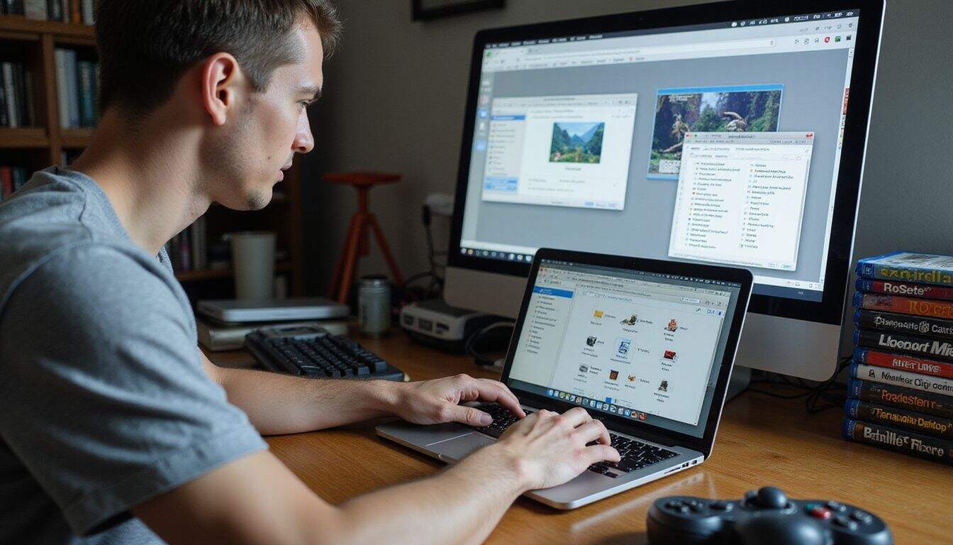 A Caucasian man in his late 20s working at a cluttered desk with gaming translation tools open on his MacBook Pro. A Caucasian man in his late 20s working at a cluttered desk with gaming translation tools open on his MacBook Pro.