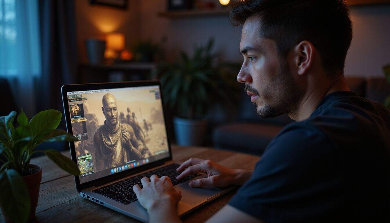 A man in his late 20s is focused on playing 'Total War: Pharaoh' on his new M3 MacBook Pro. A man in his late 20s is focused on playing 'Total War: Pharaoh' on his new M3 MacBook Pro.