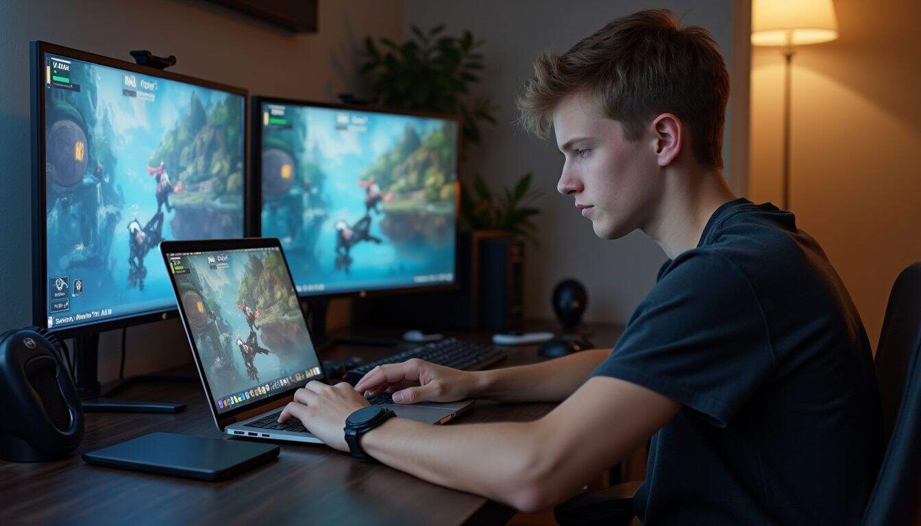 A teenage boy playing video game on MacBook Pro at desk in casual attire. A teenage boy playing video game on MacBook Pro at desk in casual attire.