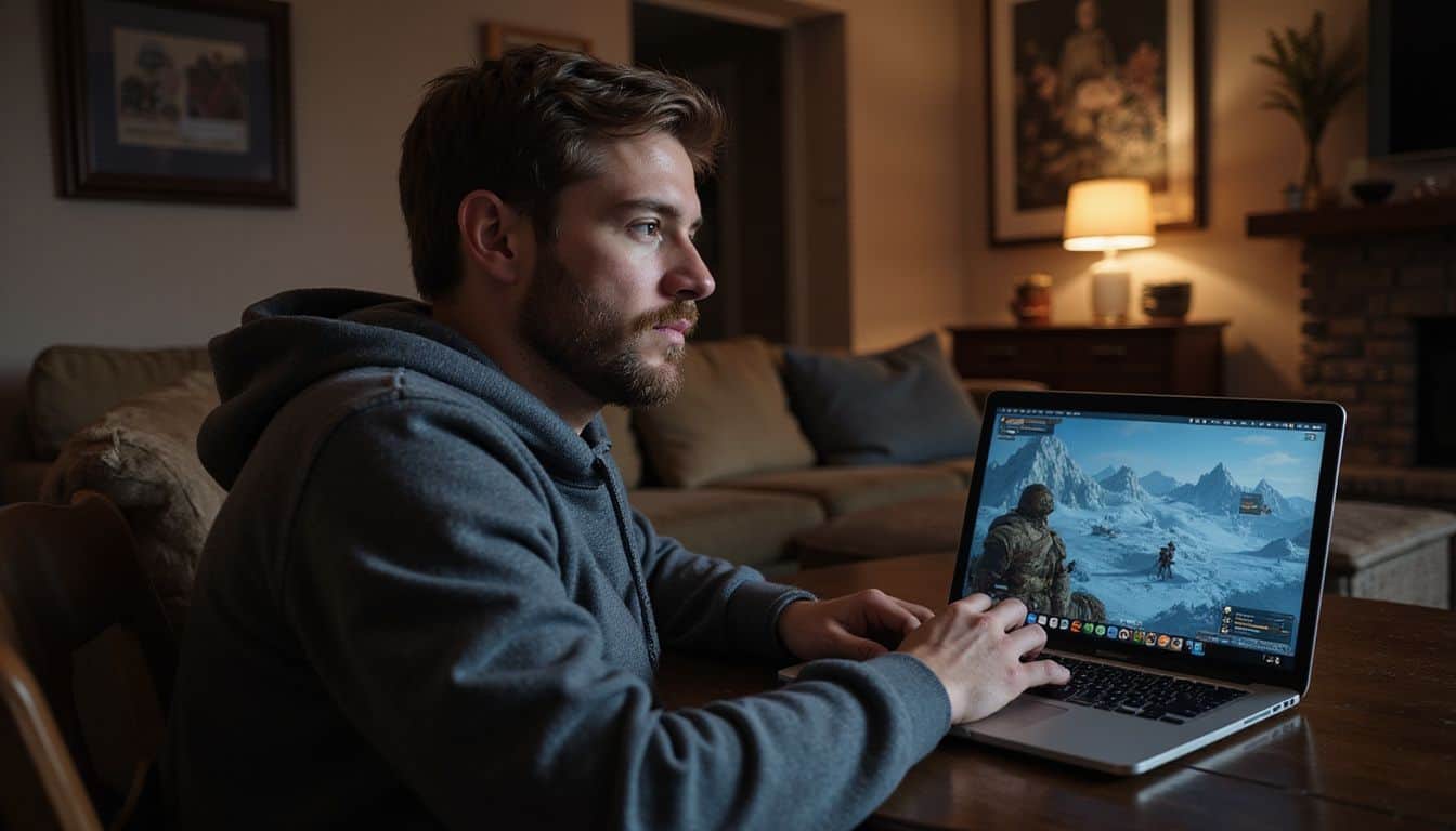 A man in his 30s is playing Frostpunk 2 on a MacBook Pro in a cozy living room. A man in his 30s is playing Frostpunk 2 on a MacBook Pro in a cozy living room.