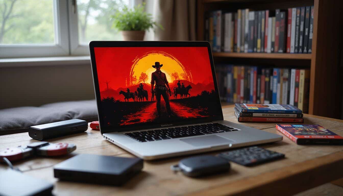 A 16-inch MacBook Pro displays high-quality gaming on Red Dead Redemption 2 in a casual gaming room. A 16-inch MacBook Pro displays high-quality gaming on Red Dead Redemption 2 in a casual gaming room.