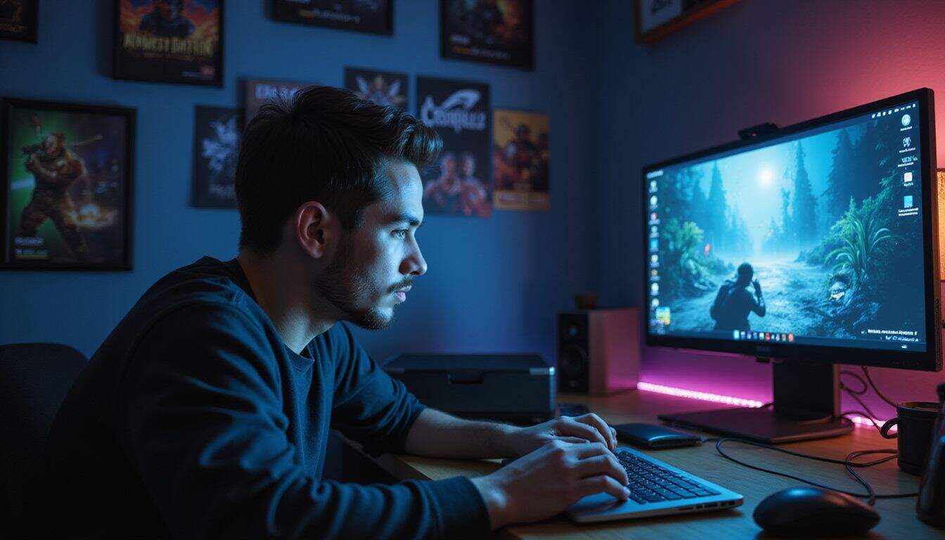A young man intensely plays video games on his MacBook Pro in a gaming-themed room. A young man intensely plays video games on his MacBook Pro in a gaming-themed room.