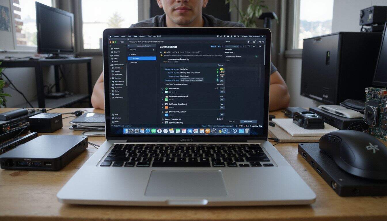 A MacBook Pro with gaming optimized graphic settings surrounded by hardware components on a messy desk. A MacBook Pro with gaming optimized graphic settings surrounded by hardware components on a messy desk.